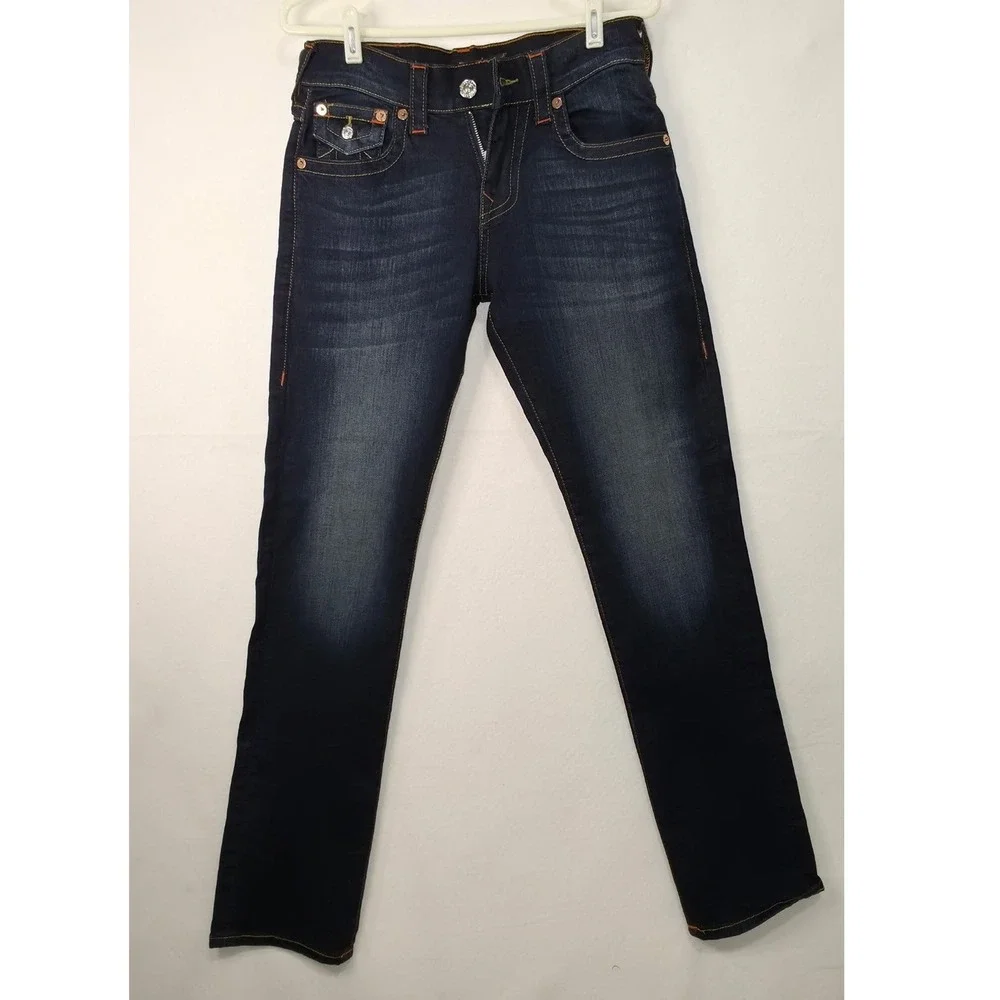 True Religion Ricky Relaxed Straight Jeans Dark Wash Flap Pocket Mens 29x33